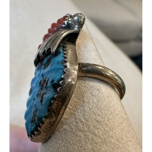 Lyolito Tsette ZUNI Native Sterling Silver CARVED TURQUOISE & CORAL Ring Size 6 - Picture 3 of 12